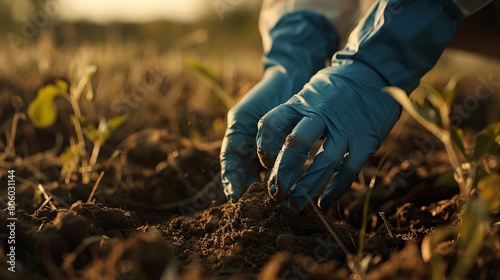 A person wearing blue gloves is digging in the dirt photo