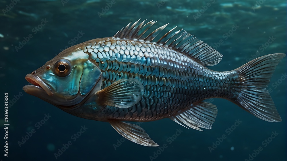 Sea fish with flowing fins swims alone in a blue aquarium.
Sea fish with flowing fins swims alone in a blue aquarium.