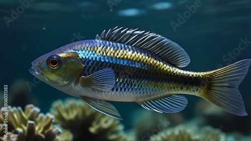 Sea fish with flowing fins swims alone in a blue aquarium.
