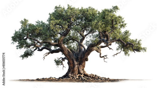 Majestic ancient tree with twisted, gnarled branches and a lush green canopy isolated on a white background.