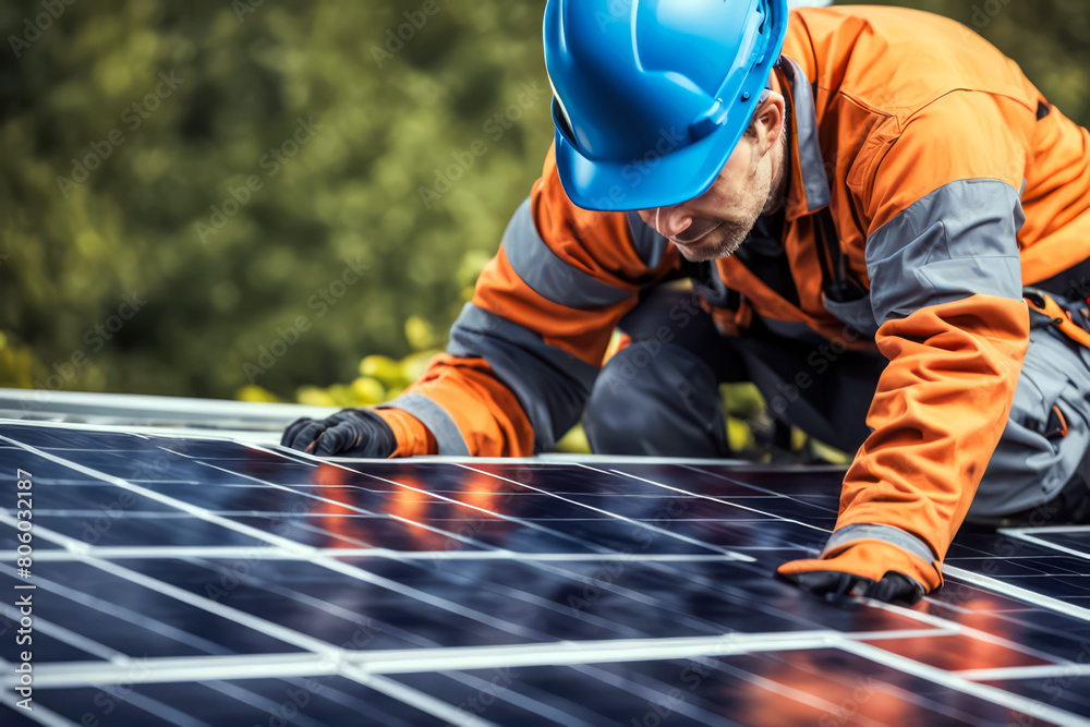 worker with helmet installing solar panel worker with helmet installing solar panel