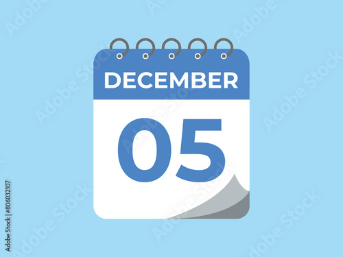December 5 calendar reminder. 5 December daily calendar icon template. Calendar 5 December icon Design template. Vector illustration
