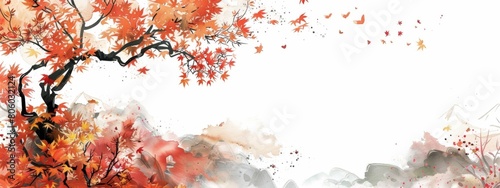 Autumn red and orange foliage, in the style of watercolor, soft edges and blurred details, delicate lines, white background, in the style of Chinese painting, colorful ink wash paintings.
