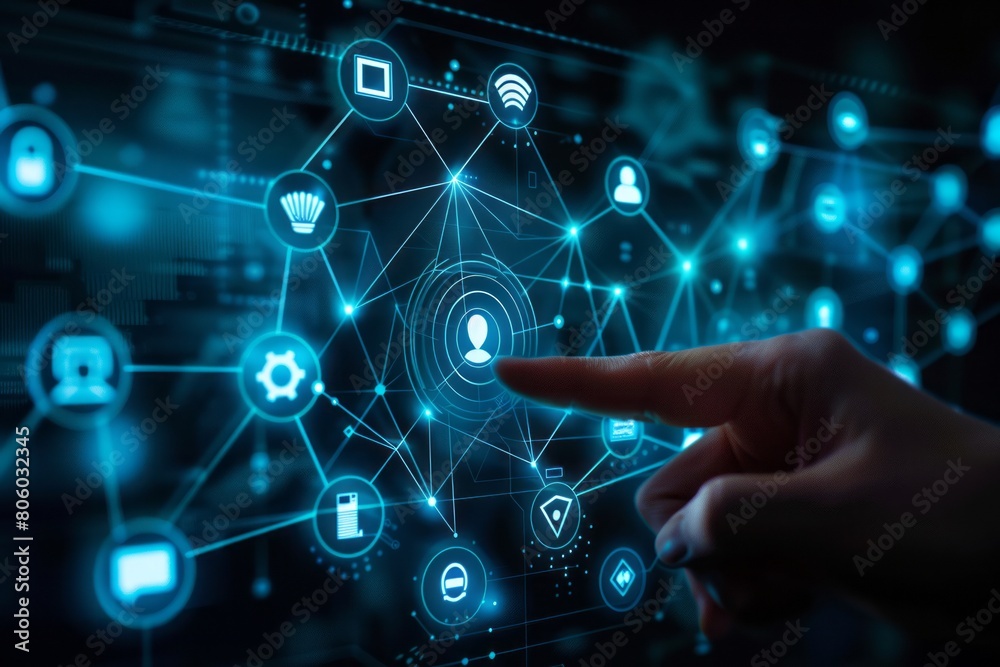 Finger touchh in center of mapsthe network, digital web icon technology concept, futuristic and hightech style with blue color scheme Finger touchh in center of mapsthe network, digital web icon technology concept, futuristic and hightech style with blue color scheme