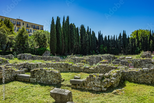 The remains of Cemenelum - a basilica, baths and amphitheater are located on the hill of Cimiez, the ancient Roman city of Cemenelum. Nice, France.  photo