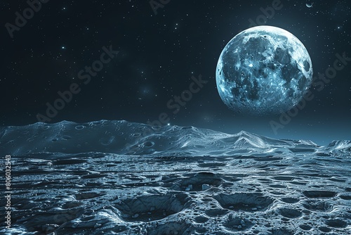 Panoramic view of the moon s surface  realistic  gentle illumination