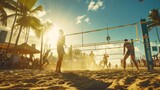 Breathtaking capture of a vibrant beach volleyball tournament, players diving and spiking in the sand with athleticism and determination