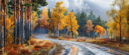 Autumn Road through Colorful Forest, Scenic Path Lined with Golden Foliage, Vibrant Fall Landscape © Taslima
