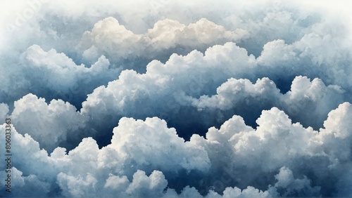 watercolor fluffy clouds on blue sky background, cloudscape view
