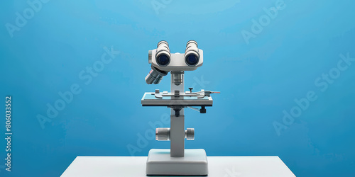 Close up binocular microscope in science laboratory. Background with equipment for research experiments. 