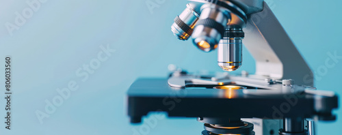 Close up binocular microscope in science laboratory. Background with equipment for research experiments. 