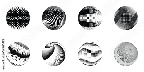 The 3D sphere abstract vector icon is depicted within a dotted halftone pattern against a black background.