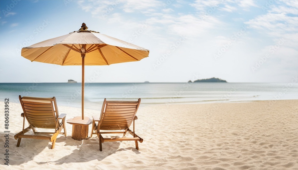 beach chairs and umbrella on the beach, beach banner landscape of white sandy shores chairs and a vibrant umbrella of travel and tourism  a wide panoramic background,