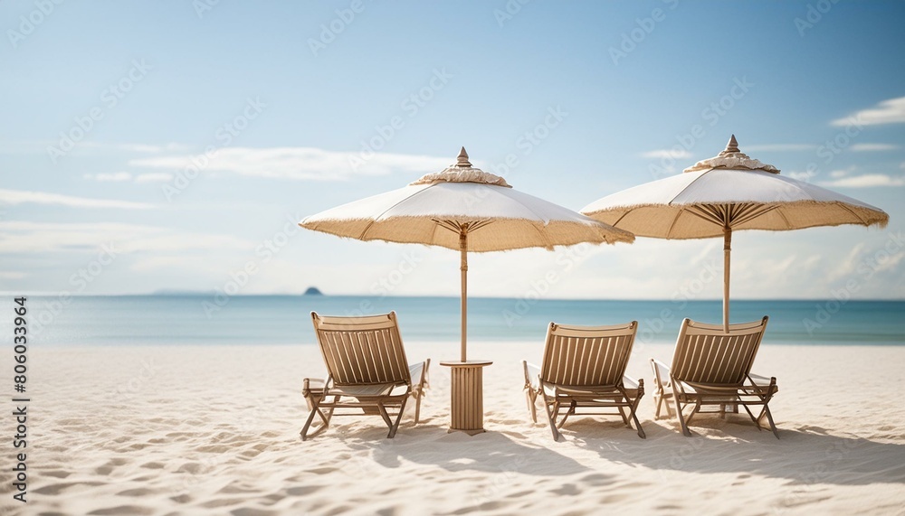 lounge chairs on the beach, beach banner landscape of white sandy shores chairs and a vibrant umbrella of travel and tourism  a wide panoramic background,