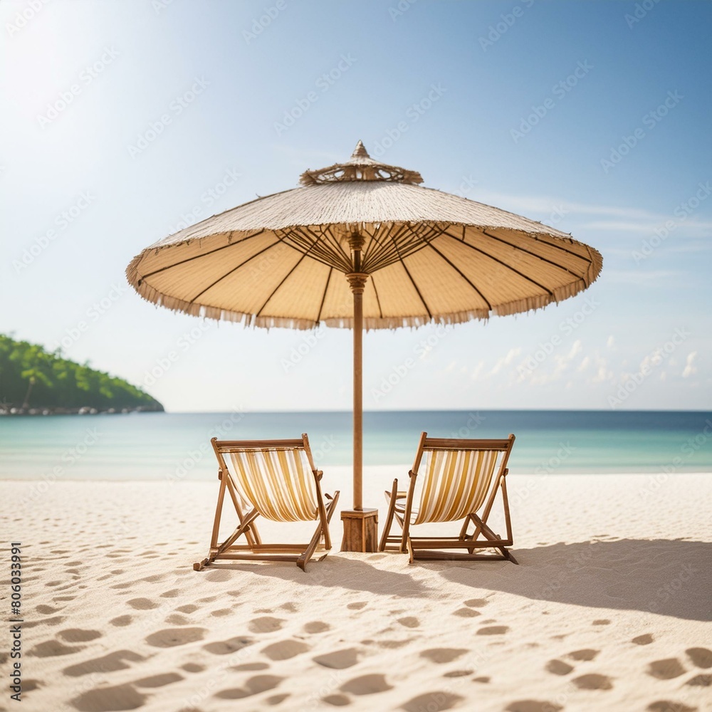 beach chairs and umbrella, beach banner landscape of white sandy shores chairs and a vibrant umbrella of travel and tourism  a wide panoramic background,