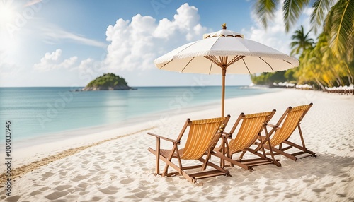 lounge chairs on the beach, beach banner landscape of white sandy shores chairs and a vibrant umbrella of travel and tourism a wide panoramic background,