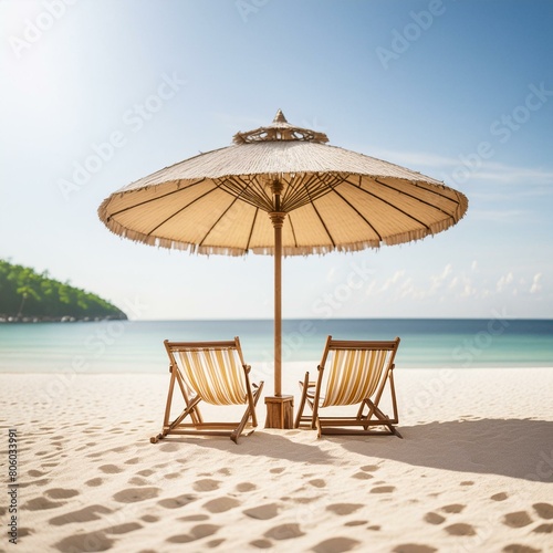 beach chairs and umbrella  beach banner landscape of white sandy shores chairs and a vibrant umbrella of travel and tourism  a wide panoramic background 