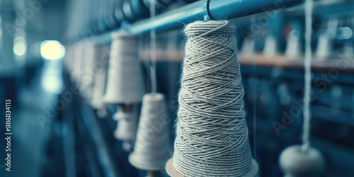 Closeup bobbin thread cones on a warping machine, textile mill. Making Balls of Yarn in factory. Textile industry, spools on spinning machine.