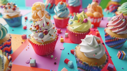  A playful arrangement of cartoon cupcakes arranged in a lively pattern  their sugary swirls and cute faces popping against a backdrop of vibrant geometric shapes  creating a visually striking and che