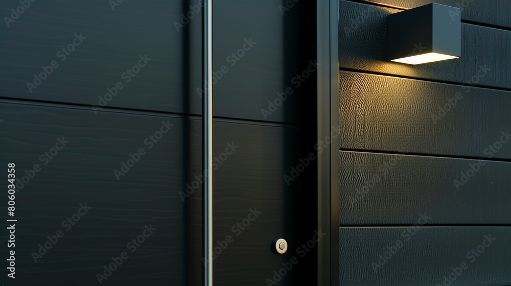 Modern home front door, sleek black design, close-up, warm welcoming light