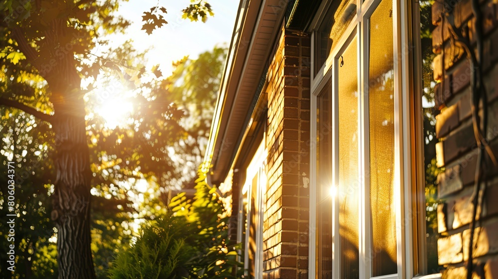Fototapeta premium Elegant residential home at sunset, golden light illuminating brick facade, close-up view