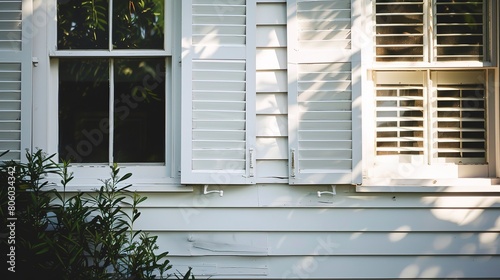 Classic colonial home  close-up of white wooden shutters  sunny day  inviting atmosphere -