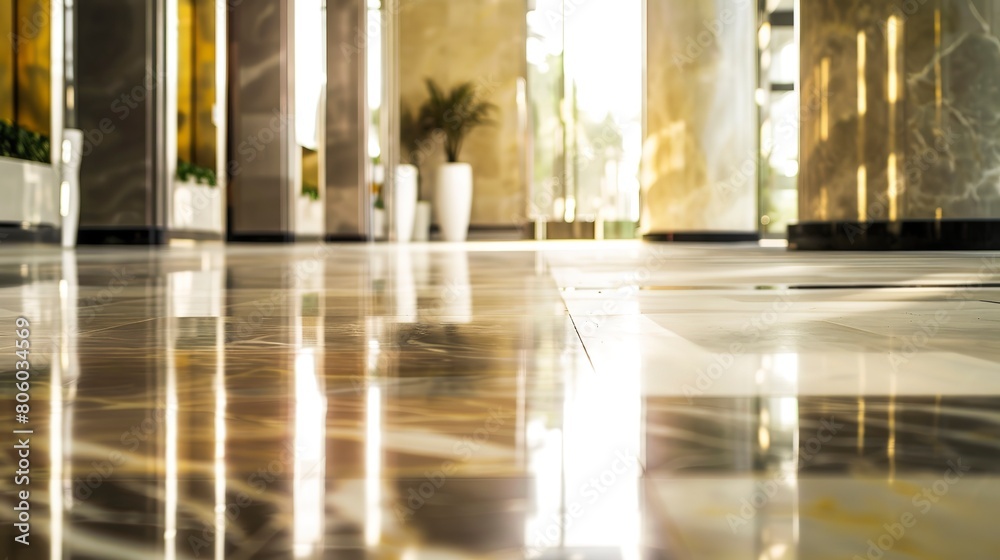 Office building lobby, marble floor close-up, luxurious design, soft indoor lighting 