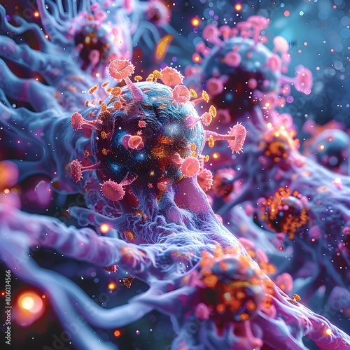 Extraordinary Microscopic Scene of White Blood Cells Battling Infection with Vibrant Neon like