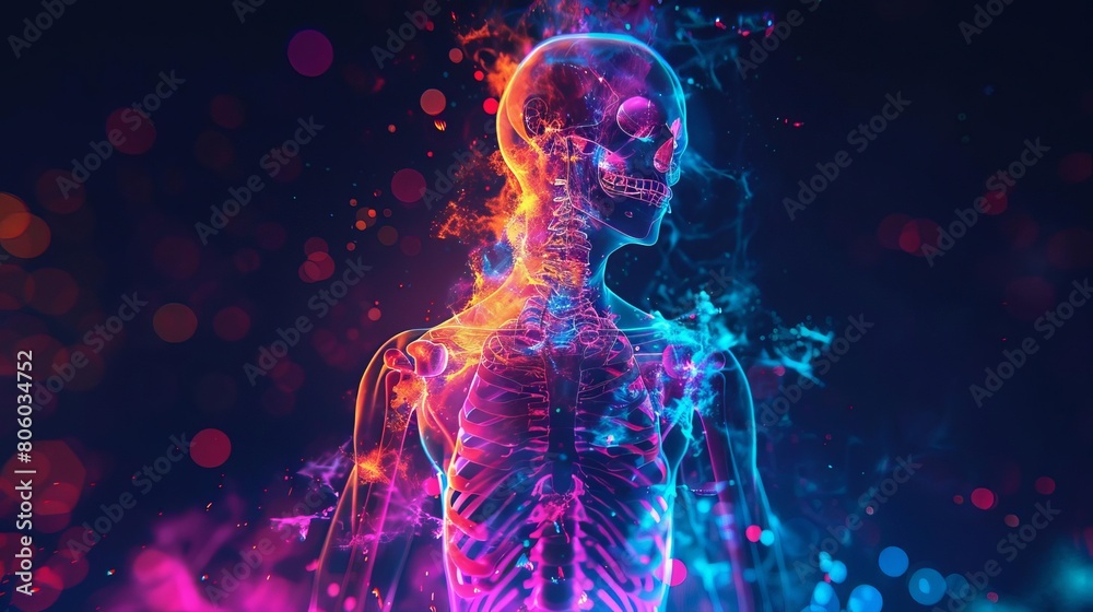 Craft a visually dynamic representation of the musculoskeletal structure akin to a surreal Craft a visually dynamic representation of the musculoskeletal structure akin to a surreal