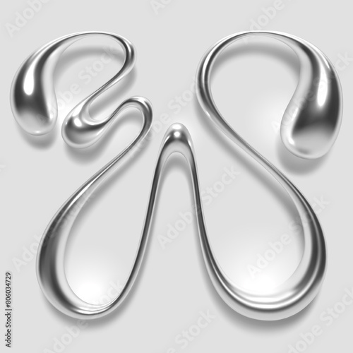 3d letter W melting liquid metal style. Abstract fluid droplet shape, glossy smooth shiny reflective surface with metallic chrome or silver gradient. Isolated vector letter for y2k style font design