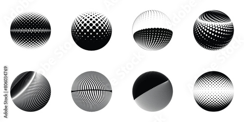 Set of 3D sphere abstract vector icon is depicted within a dotted halftone pattern against a black background.
