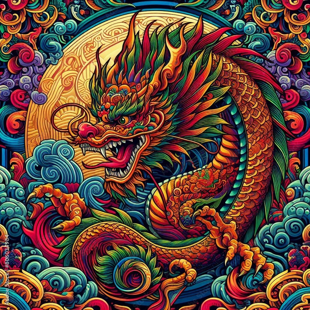 A colorful design with a dragon A colorful design with a dragon