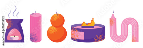 Aroma candles. Cartoon scented wax light, candle with wax and fragrance, spa therapy decoration different shapes. Vector illustration isolated on background