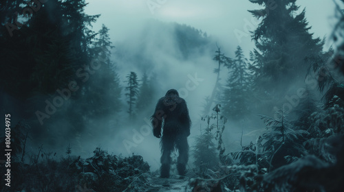 A shadowy figure resembling Sasquatch walks through a foggy forest.