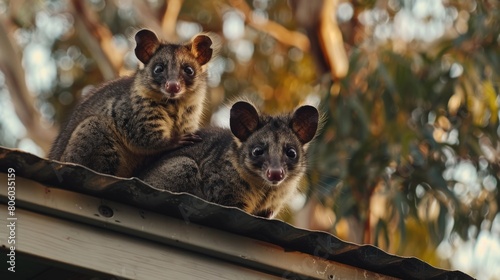 A cute Australian Brushtail Possum. a brushtail possum family, father, mom and baby on her back.