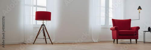 The living room and red chair mock up furniture decoration and white wall background