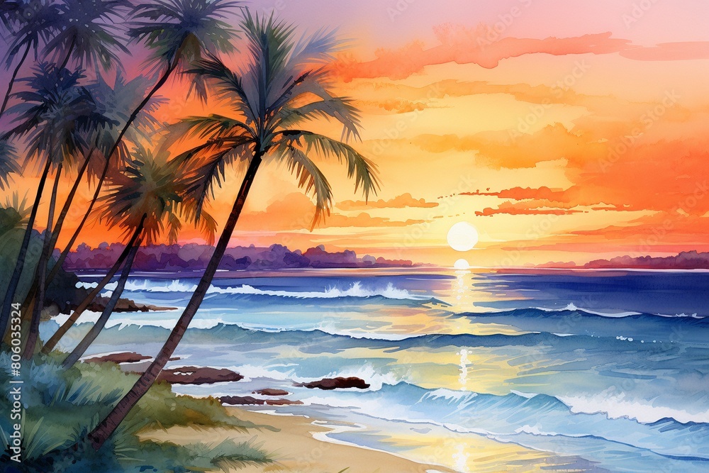 Watercolor illustration, ocean sunset, palm trees, bright colors
