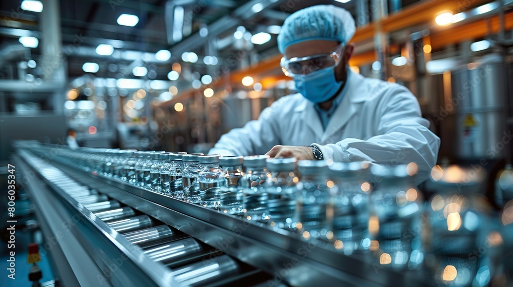 A medical lab technician meticulously inspects medical vial bottles on a mass production conveyor belt in a pharmaceutical warehouse A medical lab technician meticulously inspects medical vial bottles on a mass production conveyor belt in a pharmaceutical warehouse