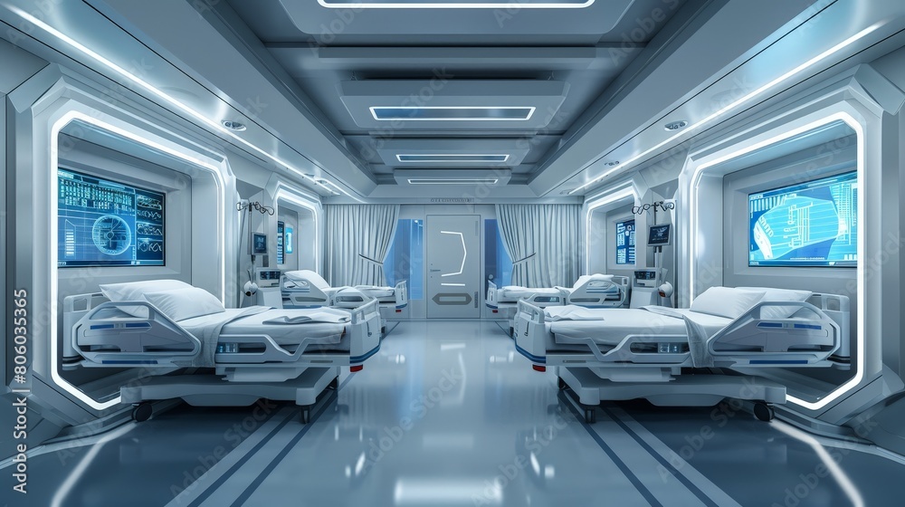 Obraz premium A futuristic hospital room with self-adjusting beds, advanced medical equipment, and digital displays, showcasing a clean and sterile environment for patient care.