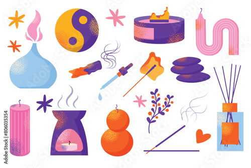 Aroma candles. Cartoon scented wax light, Bottles with natural aroma oils, herbs, diffuser and fragrance, spa therapy decoration different shapes. Vector illustration isolated on background