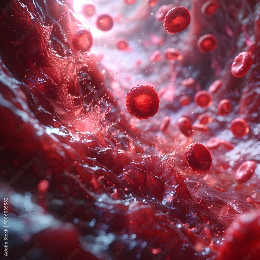 Graceful Dance of Translucent Blood Cells Amid Crimson Plasma in Dreamlike Digital Artwork Graceful Dance of Translucent Blood Cells Amid Crimson Plasma in Dreamlike Digital Artwork