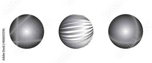 Visual featuring a spherical object embellished with a dynamic pattern of line halftone stripes. Black and white vector illustration