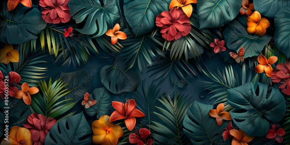 background with tropical leaves and colorful flowers