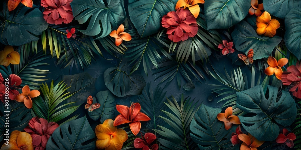 background with tropical leaves and colorful flowers background with tropical leaves and colorful flowers