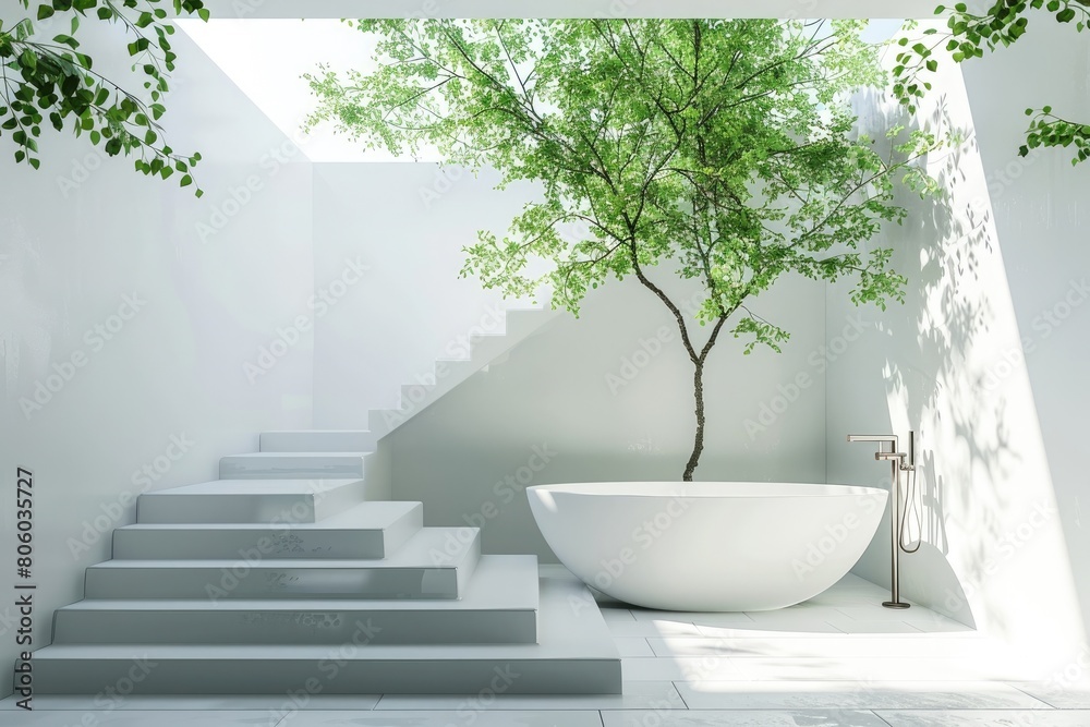Green summer or spring leaves, tree branch over interior design scene. Natural ecology concept idea. Minimal bathroom with staircase