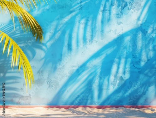 Caribbean-American Festival Scene with Blue Stucco Wall and Palm Shadow Play