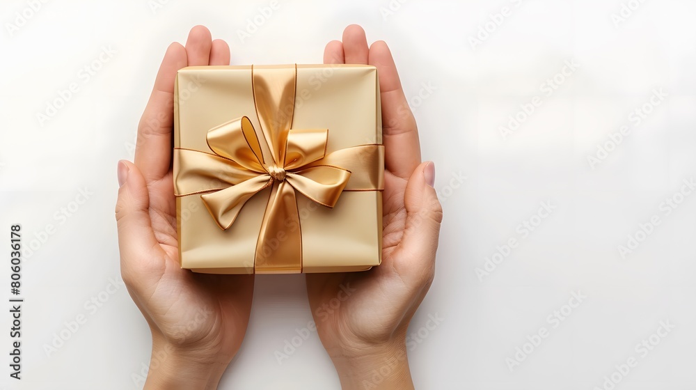 A pair of hands holding out an elegant gift box with gold ribbon on white background, symbolizing the joy and love for special people duringslipboard on top view, copy space concept. A pair of hands holding out an elegant gift box with gold ribbon on white background, symbolizing the joy and love for special people duringslipboard on top view, copy space concept.