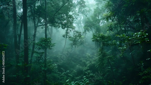  A dense  mist-shrouded forest alive with the sounds of unseen wildlife  the air thick with the scent of earth and greenery. .  