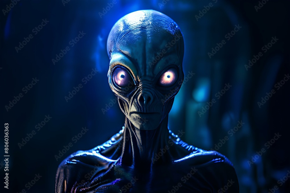 Wide shot portrait of Alien with glowing eyes. Wide shot portrait of Alien with glowing eyes.