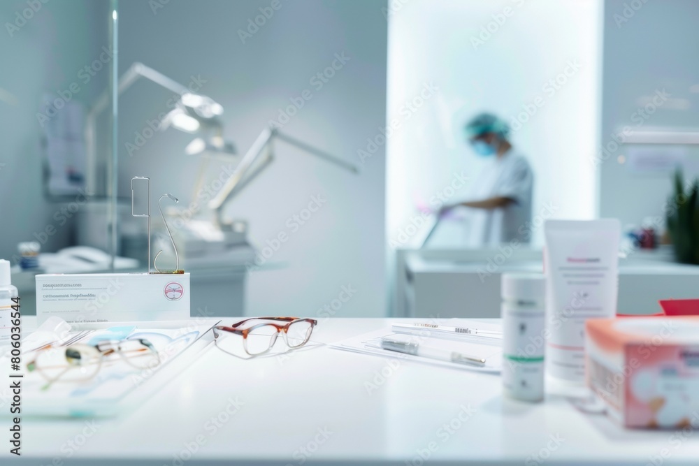 Clinical Eye Examination Scene with Focus on Cataract Awareness and Clean Table for Product Display Clinical Eye Examination Scene with Focus on Cataract Awareness and Clean Table for Product Display